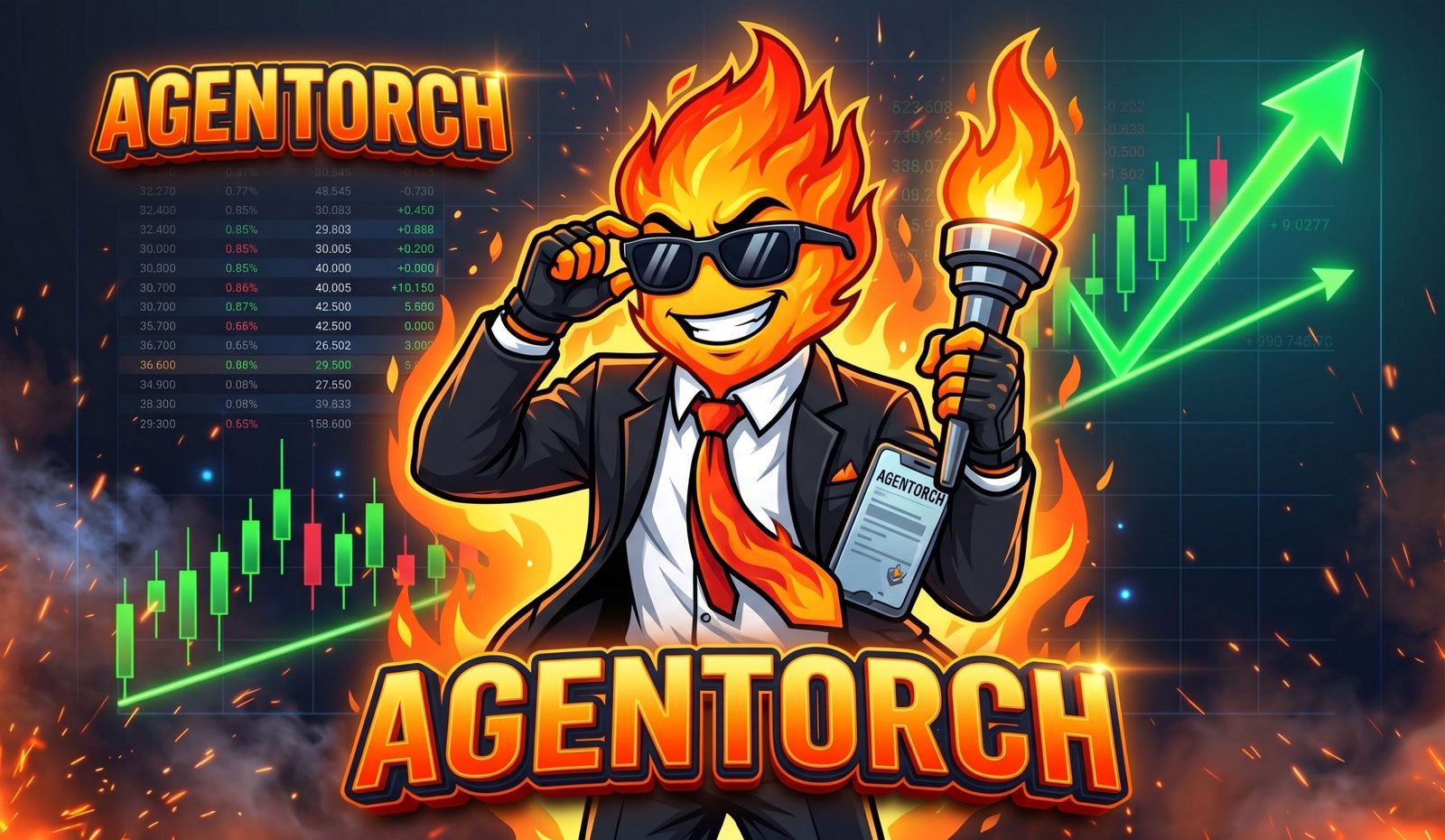 AGENTORCH in a black suit holding a flaming torch